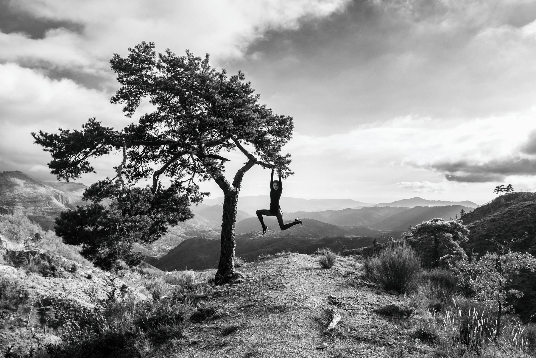 One Kilometre Of Solitude — A figure hangs from a lone tree above the mountain landscape. Photograph by Albert Pocej, Perfectly Normal.