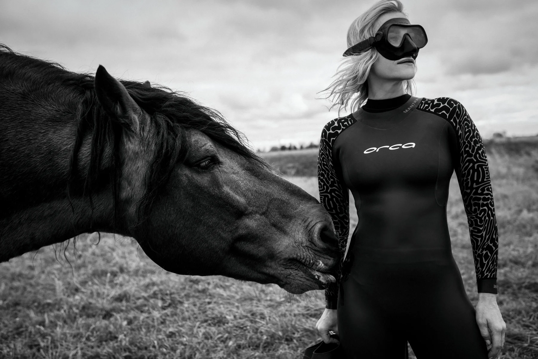 Seahorse Illusion — A horse meets a woman wearing a wetsuit and diving mask. Photograph by Albert Pocej, Perfectly Normal.