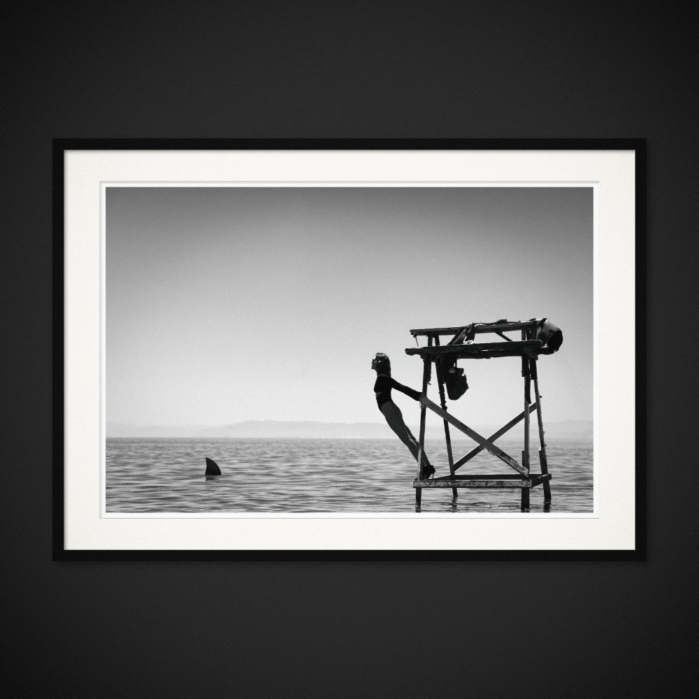 High Stakes — A woman leans above the water as a fin breaks its surface. Framed edition by Albert Pocej.