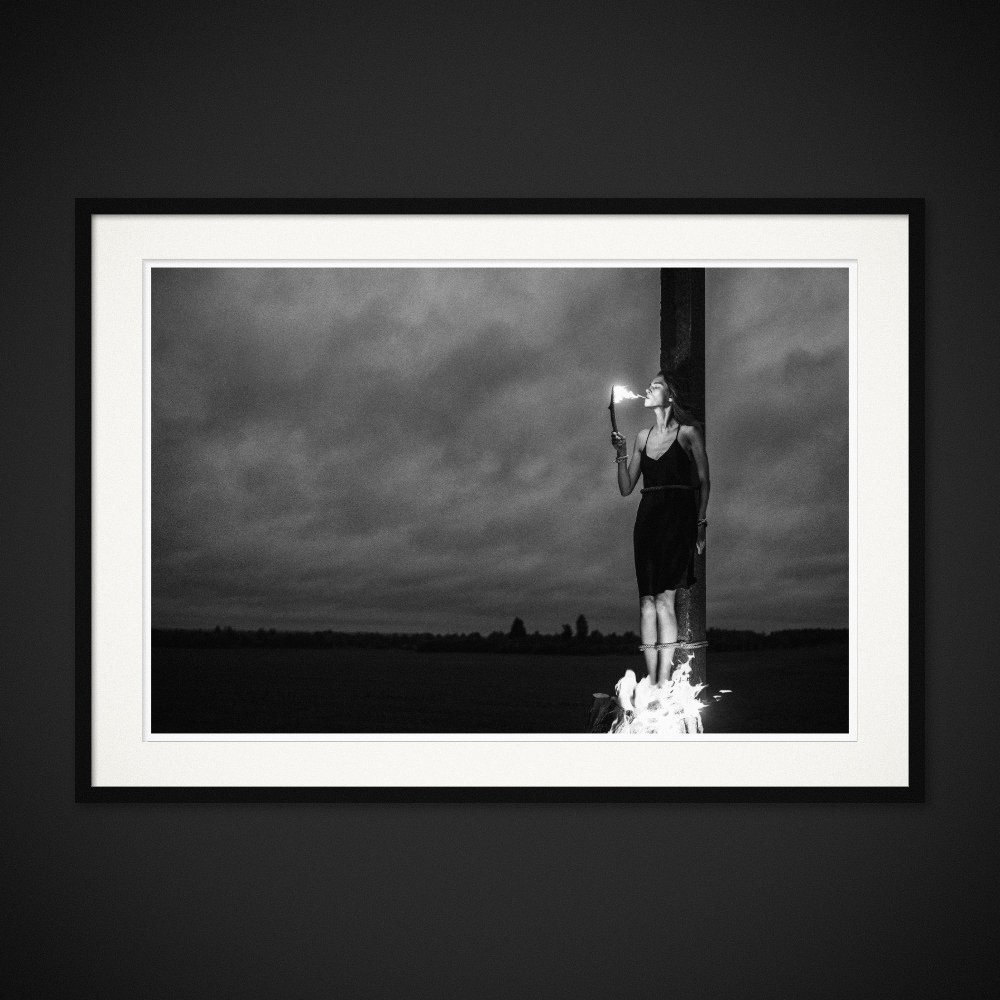 Malleus Maleficarum — A cigarette is lit while flames rise at the woman’s feet. Framed edition by Albert Pocej.